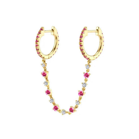 Doble zarcillo de argolla con cadena y circones - dorado - Plata de ley 925