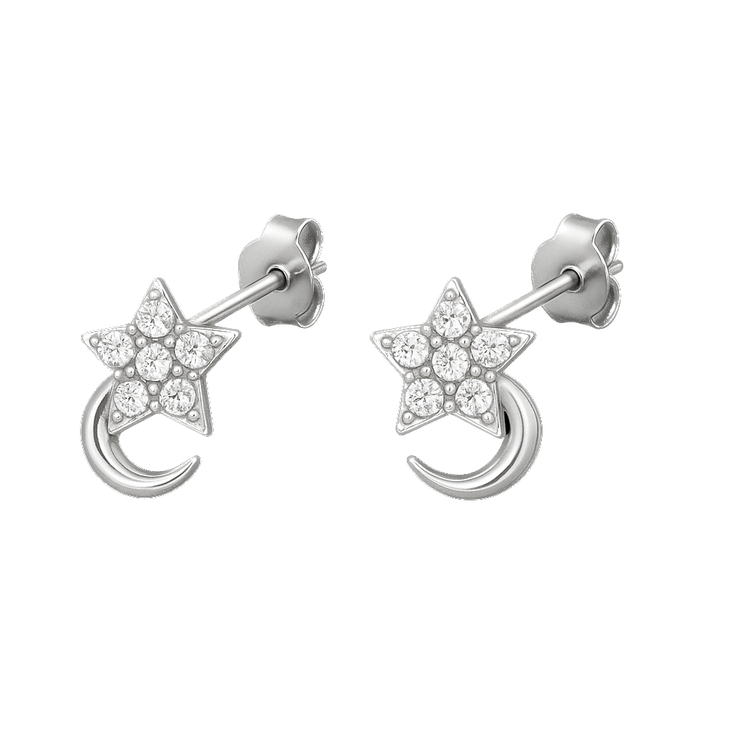 Stud luna y estrella con brillos - Plata de ley 925