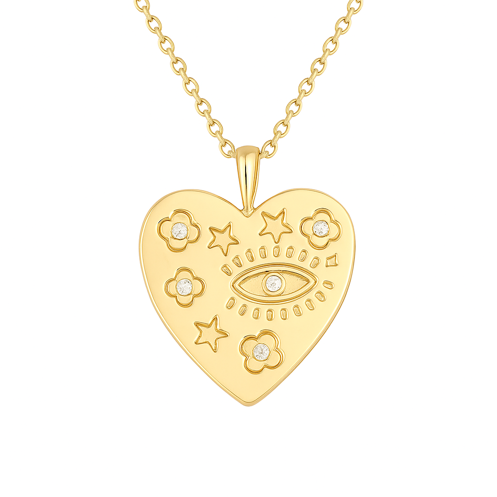 Dije de corazón con ojo, flores y estrellas - incluye la cadena!