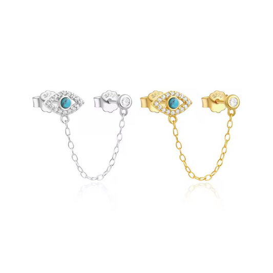 Doble zarcillo de ojo turco con cadena y punto de luz - Plata de ley 925