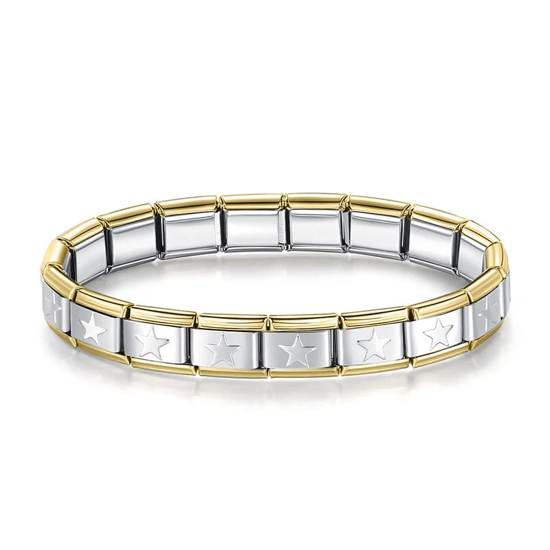 Italian Bracelet Plateada con estrellas y bordes dorados