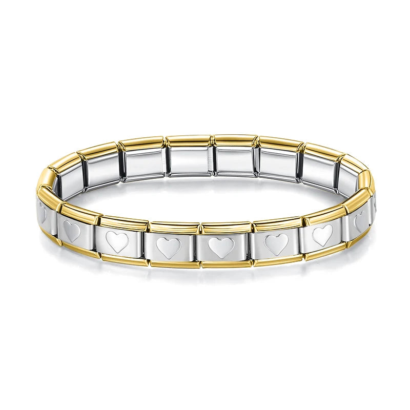 Italian Bracelet Plateada con corazones y bordes dorados