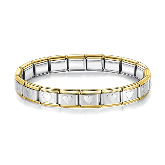 Italian Bracelet Plateada con corazones y bordes dorados
