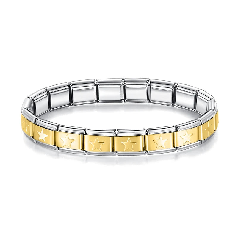 Italian Bracelet dorada con estrellas y bordes plateados