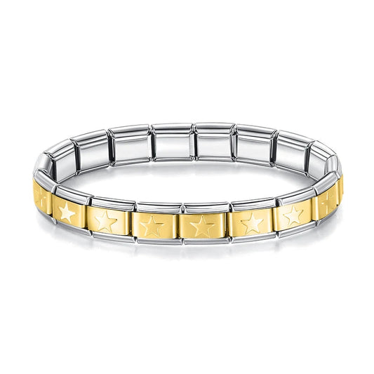 Italian Bracelet dorada con estrellas y bordes plateados