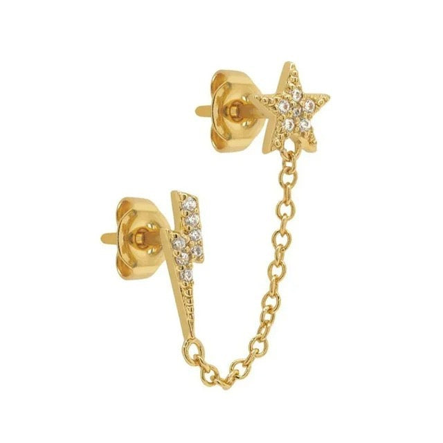 Zarcillo de cadena mini con rayo y estrella - Plata de ley 925