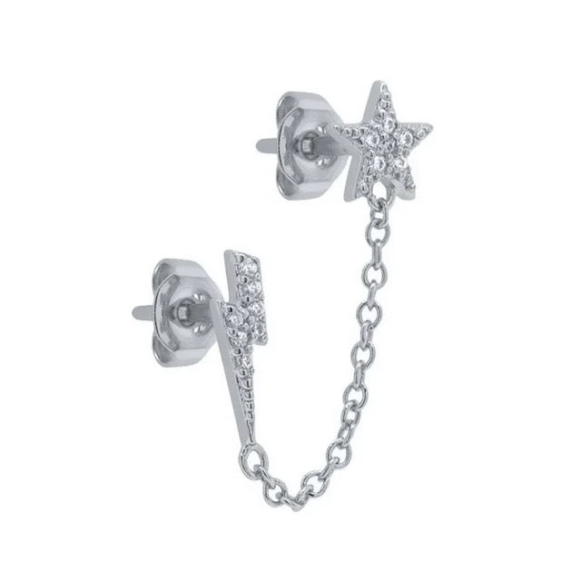 Zarcillo de cadena mini con rayo y estrella - Plata de ley 925