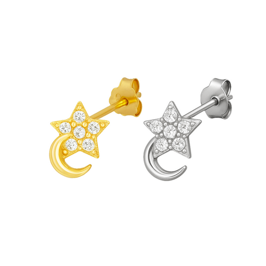 Stud luna y estrella con brillos - Plata de ley 925