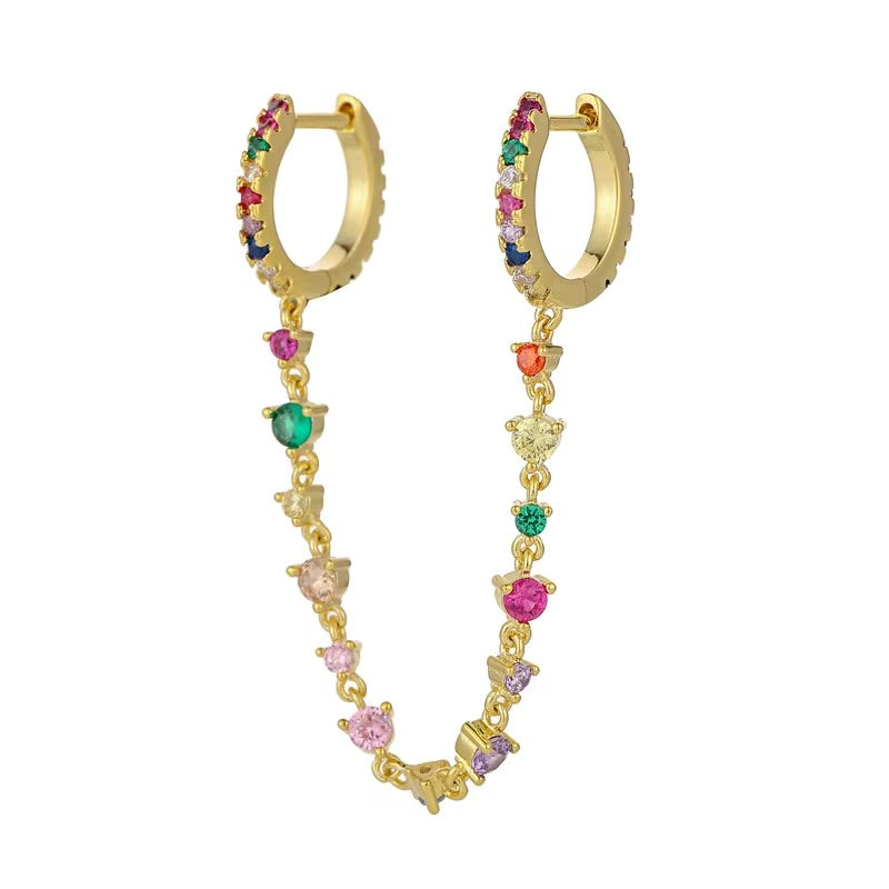 Doble zarcillo de argolla con cadena y circones - dorado - Plata de ley 925