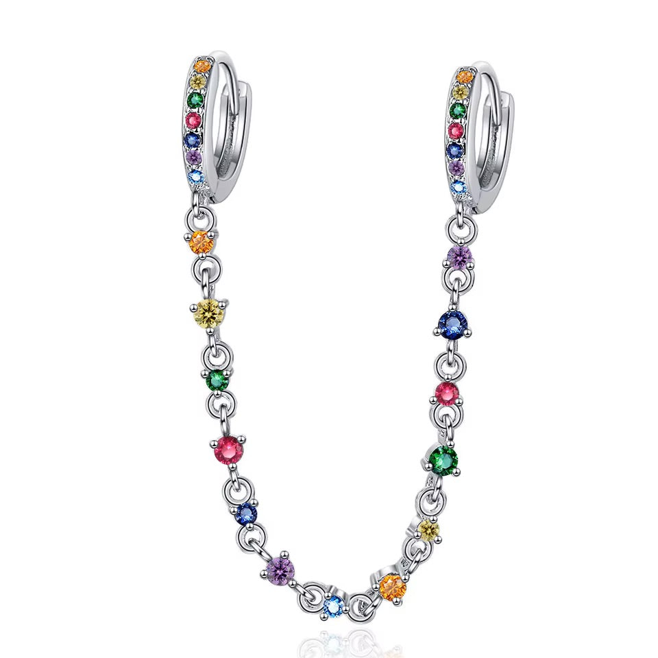 Doble zarcillo de argolla con cadena y circones - Plata de Ley 925