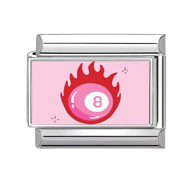 Italian bracelet plano - bola 8 rosada con llamas