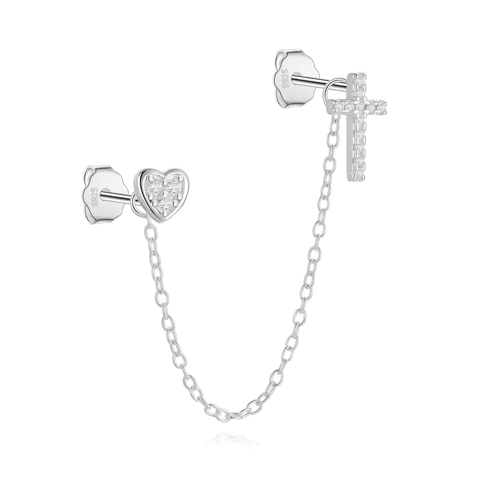 Zarcillo de cadena con cruz y corazón - Plata de ley 925