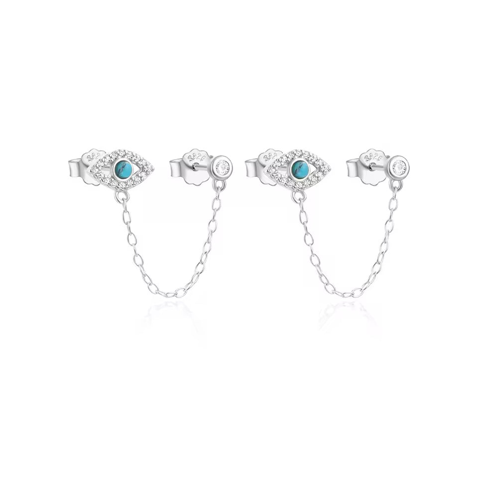 Doble zarcillo de ojo turco con cadena y punto de luz - Plata de ley 925