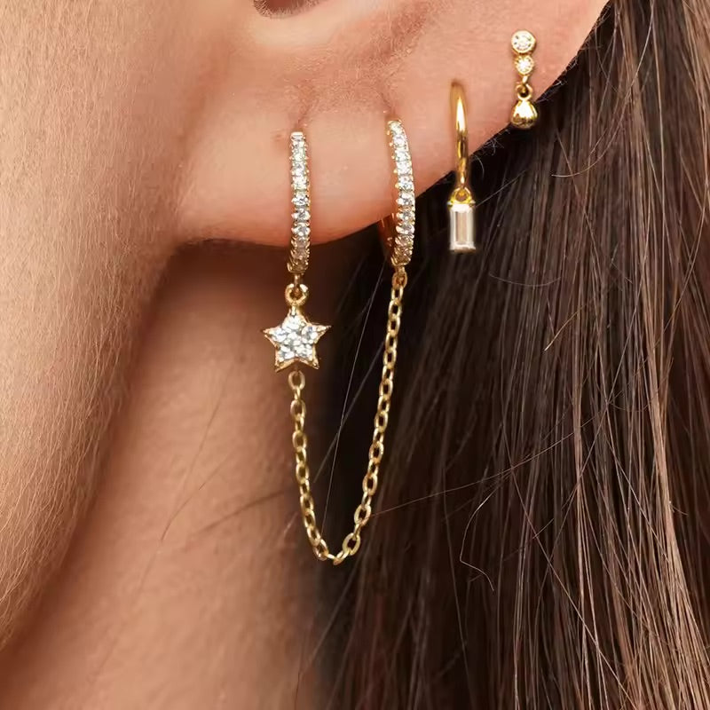 Zarcillo Ester argolla con estrella y cadena - Plata de ley 925