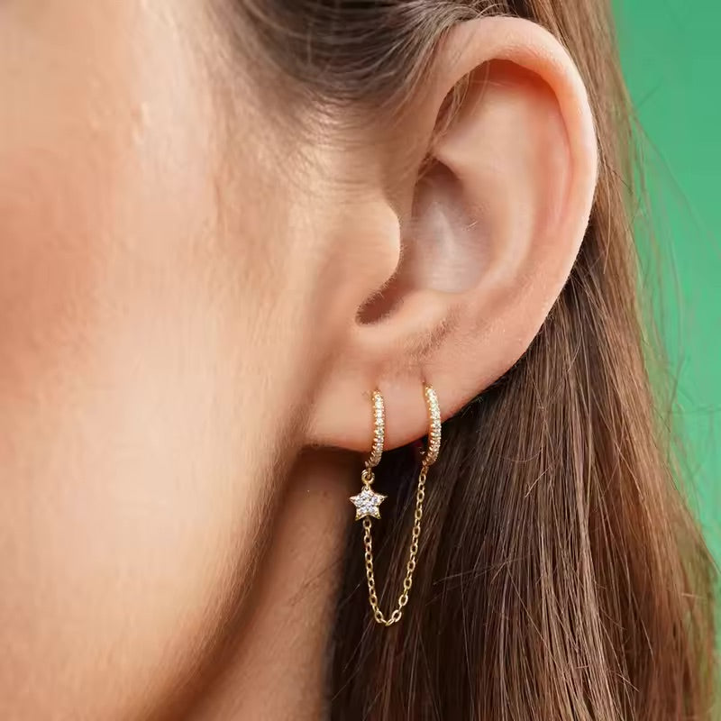 Zarcillo Ester argolla con estrella y cadena - Plata de ley 925