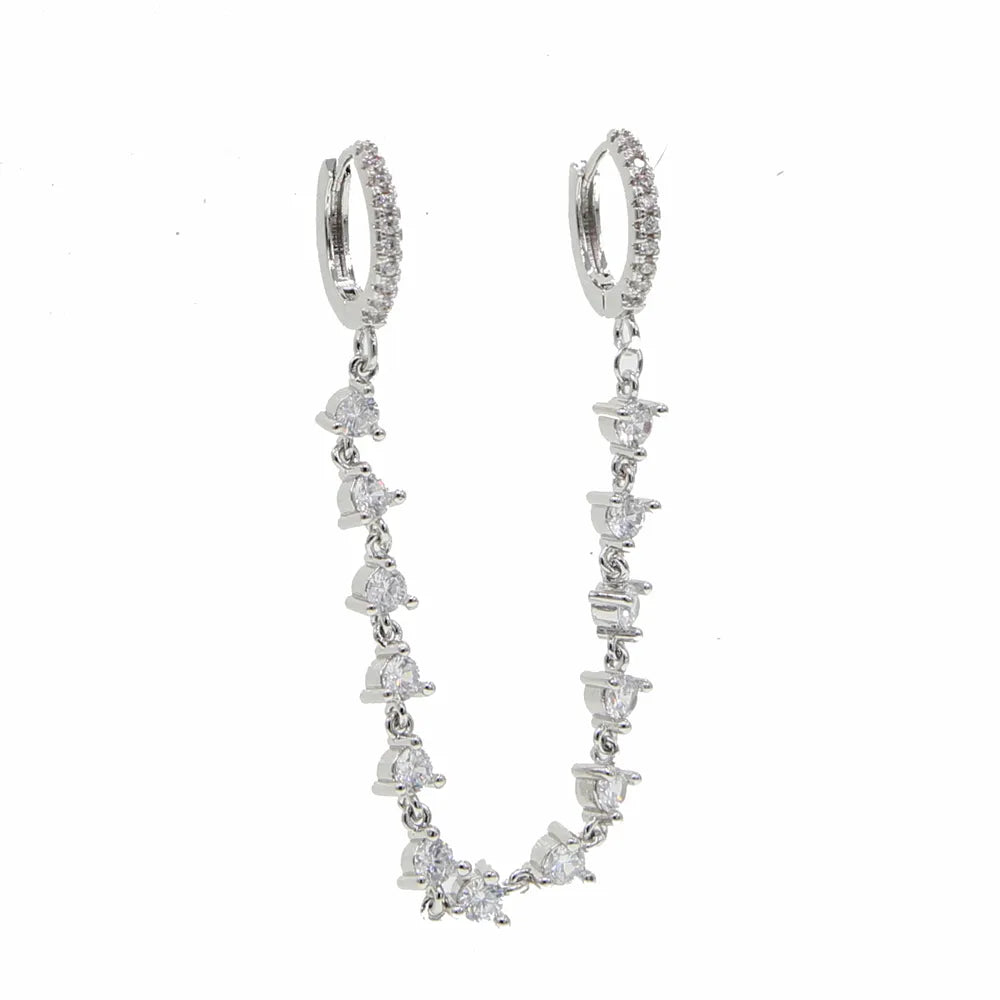 Doble zarcillo de argolla con cadena y circones - Plata de Ley 925