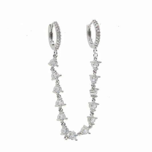 Doble zarcillo de argolla con cadena y circones - Plata de Ley 925