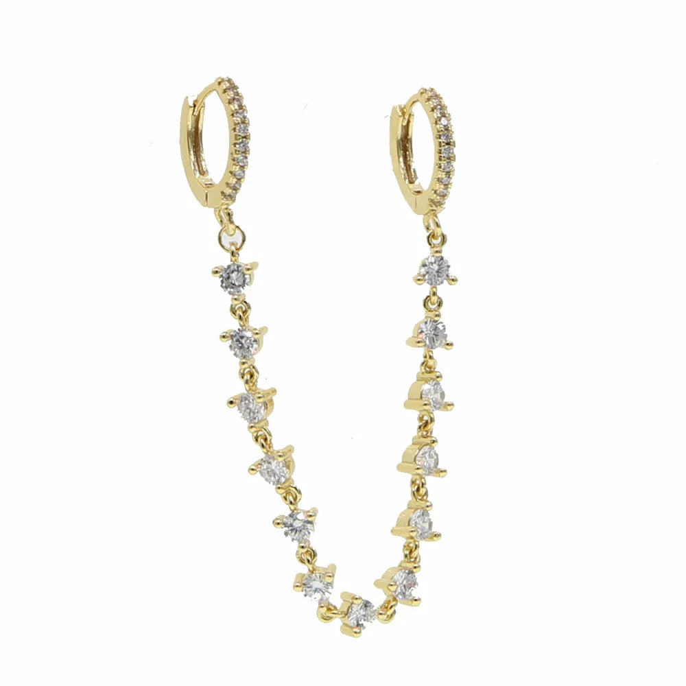 Doble zarcillo de argolla con cadena y circones - dorado - Plata de ley 925