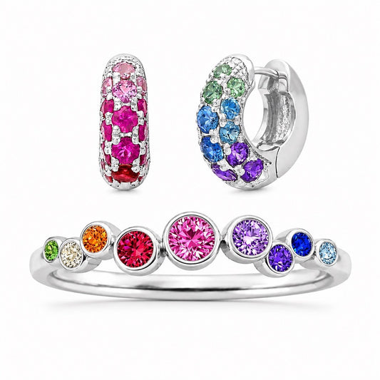 Set Rainbow Cuff - Plata 925 Anillo ajustable