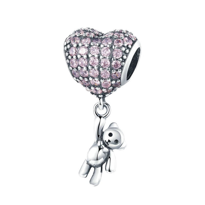 Charm de plata 925 - osito y corazón rosado