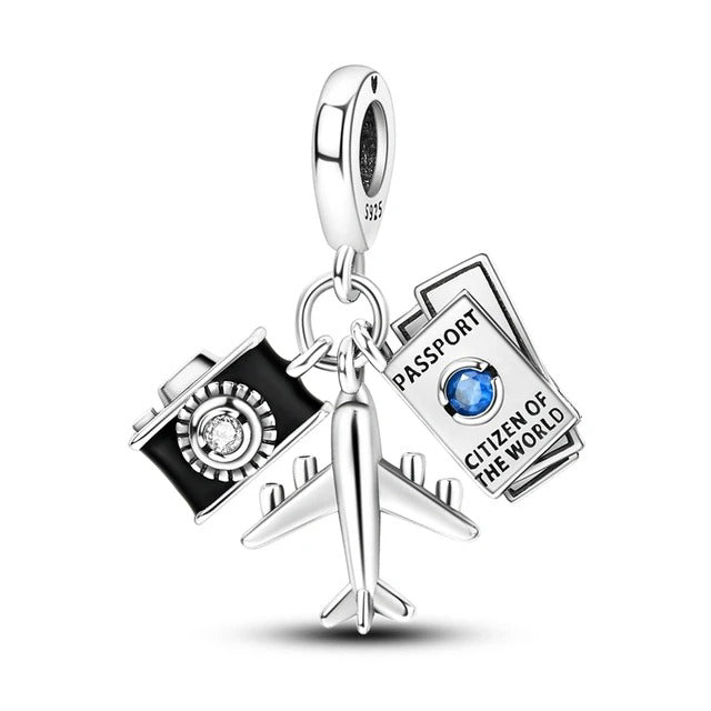 Charm de plata 925 - pasaporte, cámara y avión