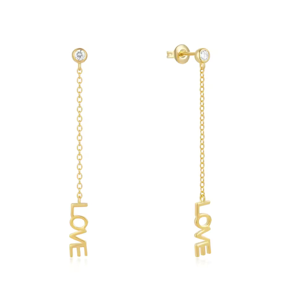 Zarcillos LOVE - Plata de ley 925 - Punto de luz y cadena con la palabra LOVE