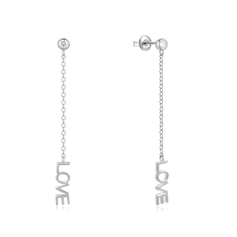 Zarcillos LOVE - Plata de ley 925 - Punto de luz y cadena con la palabra LOVE