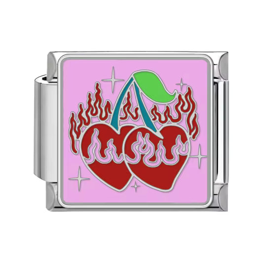 Italian bracelet plano - cereza de corazones con fuego