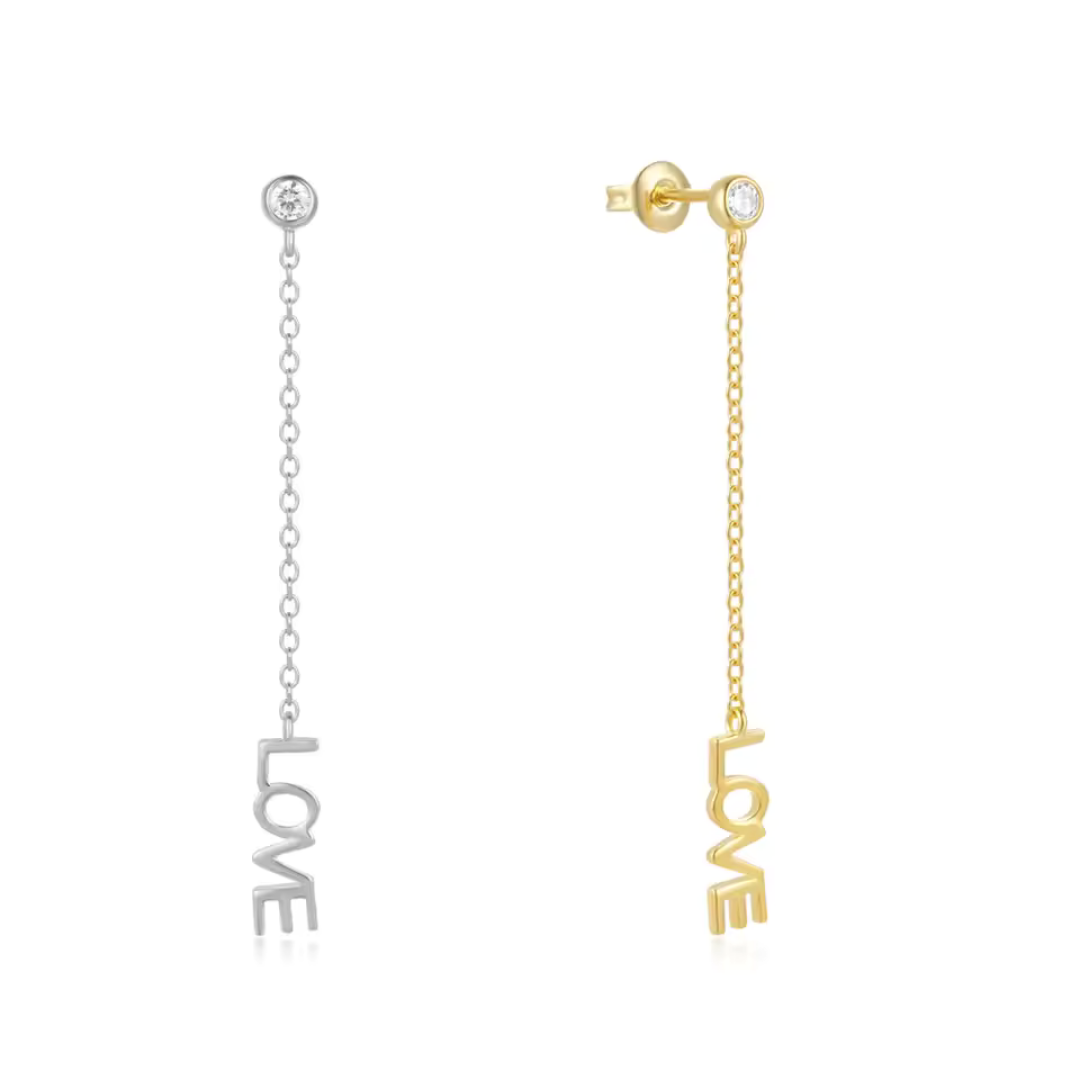 Zarcillos LOVE - Plata de ley 925 - Punto de luz y cadena con la palabra LOVE